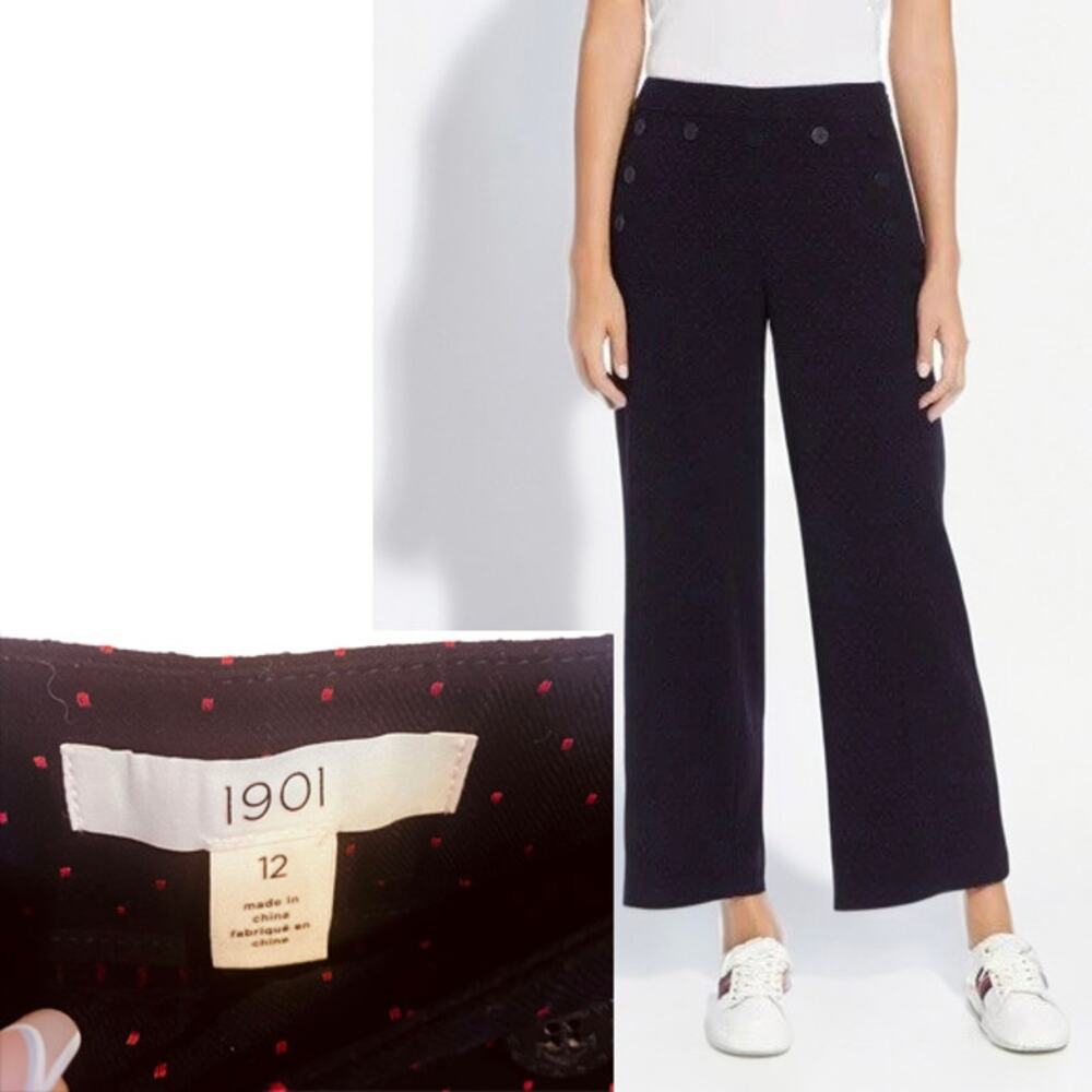 1901 Navy Wide Leg Pants w/ Red Polka Dot Cropped Nautical Sz 12